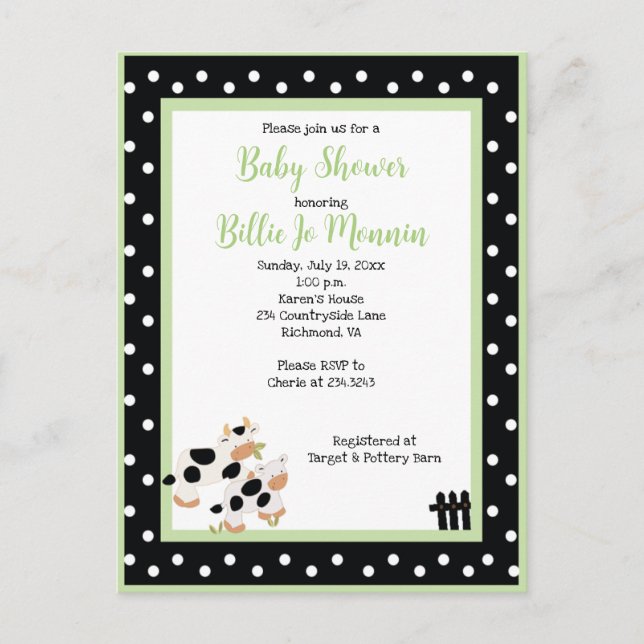 Moo Cow Black white Green Baby Shower Invitation Inbjudan Vykort (Framsida)