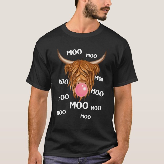 Moo Cow Highland Cow Blowing Bubble Gum Kids Cow T Shirt (Framsida)