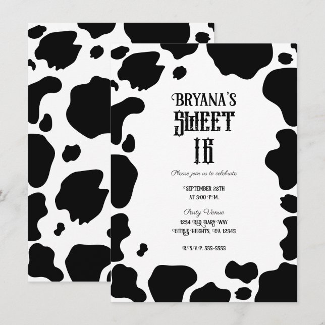 Moo Cow Spots Print Black & White Rustic Sweet 16 Inbjudningar (Fram/baksida)