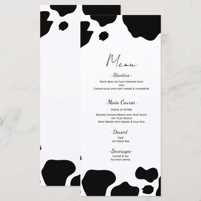 Moo Cow Spots Print White Bröllop Menu Meny (Fram/baksida)