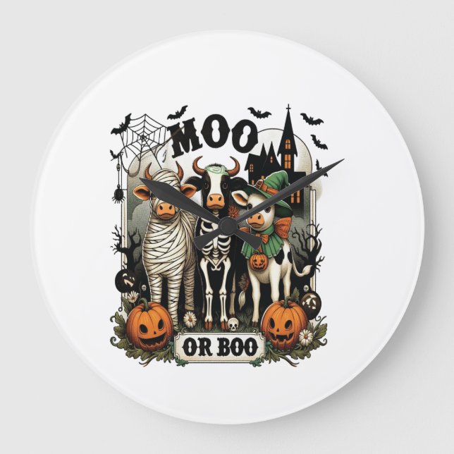 Moo eller Boo Halloween-ko Stor Klocka (Framsida)