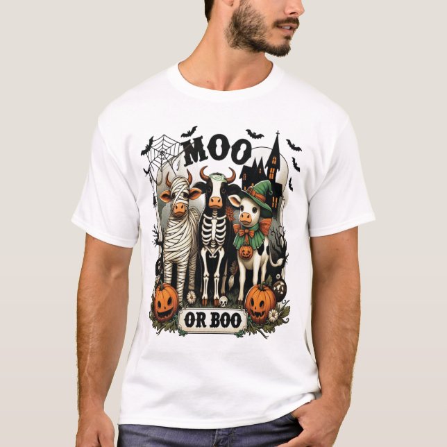 Moo eller Boo Halloween ko T Shirt (Framsida)