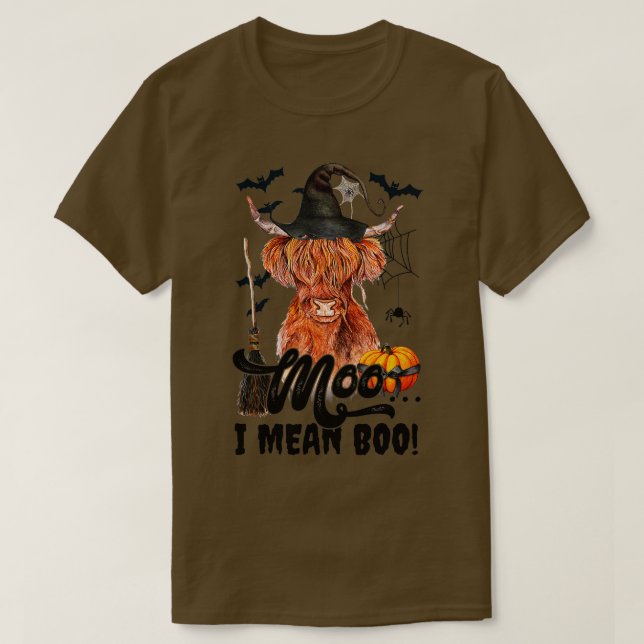 Moo I Elak Boo Witch Scottish Highland Cow Hallowe T Shirt (Design framsida)