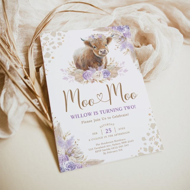 Moo Moo Boho Lila Highland Cow 2:a födelsedagen Inbjudningar (Skapare uppladdad)