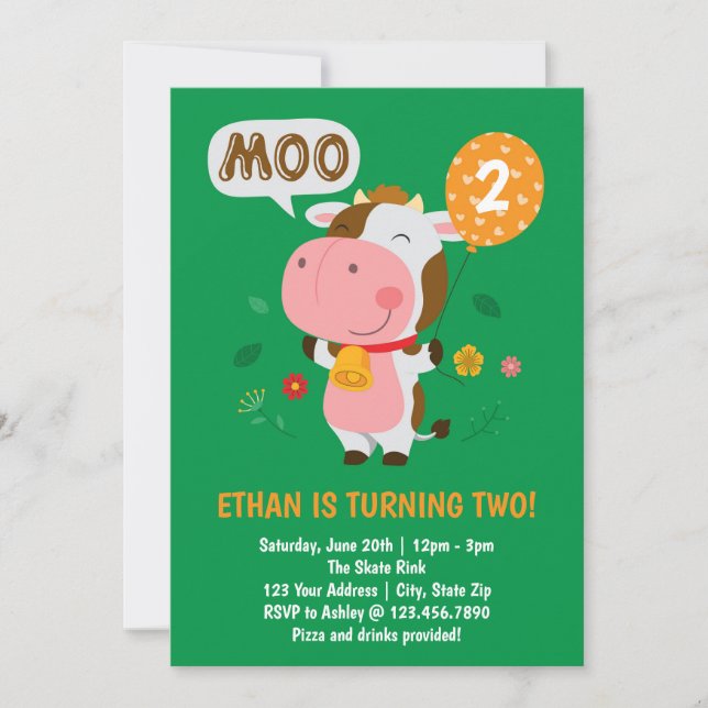 Moo Moo jag är två ko 2-års födelsedagsfest Inbjudningar (Framsida)