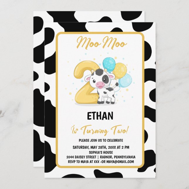 Moo Moo. Jag är två kor 2:a födelsedagen Party Inbjudningar (Fram/baksida)