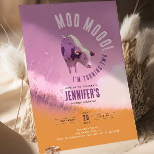 Moo Moo, jag är två Rosa-flicka 2:a födelsedagen Inbjudningar