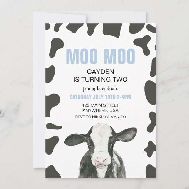 Moo Moo jag fyller TVÅ Randig ko 2-års födelsedag Inbjudningar (Framsida)