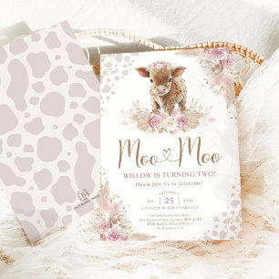 Moo Moo Rosa Boho Cow Pampas Grass 2:a födelsedage Inbjudningar