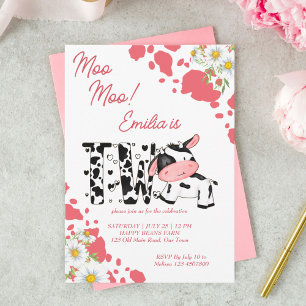 Moo moo rosa mönster söt ko födelsedagsfest inbjudningar