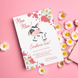 Moo moo rosa mönster söt ko födelsedagsfest inbjudningar