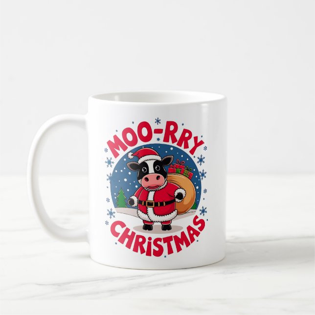 Moo-rry Christmas Funny Cow Santa Christmas Kaffemugg (Vänster)