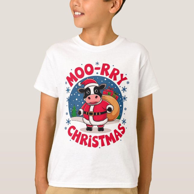 Moo-rry Christmas Funny Cow Santa Christmas T Shirt (Framsida)