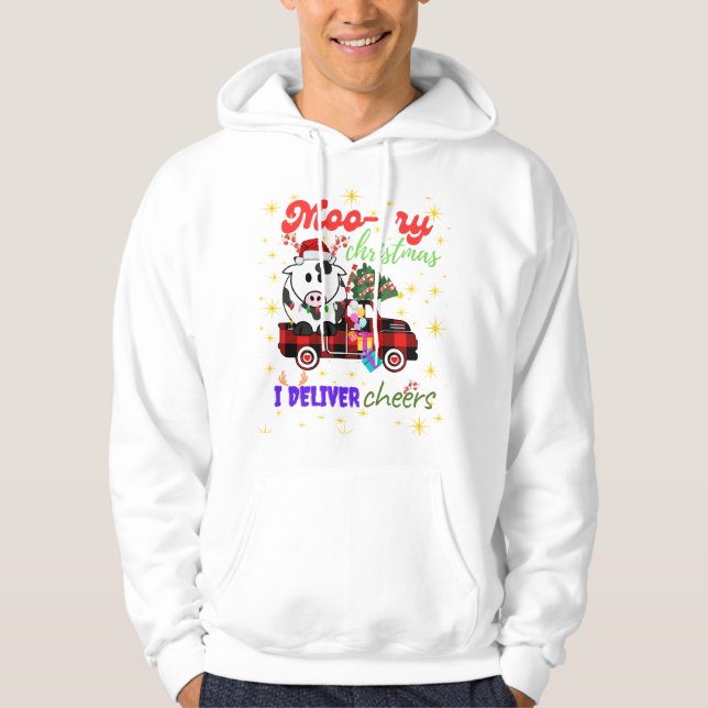 Moo-ry Christmas Cow in Plaid Truck Holiday design Hoodie (Framsida)