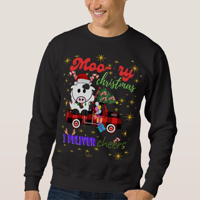 Moo-ry Christmas Cow in Plaid Truck Holiday design Lång Ärmad Tröja (Framsida)