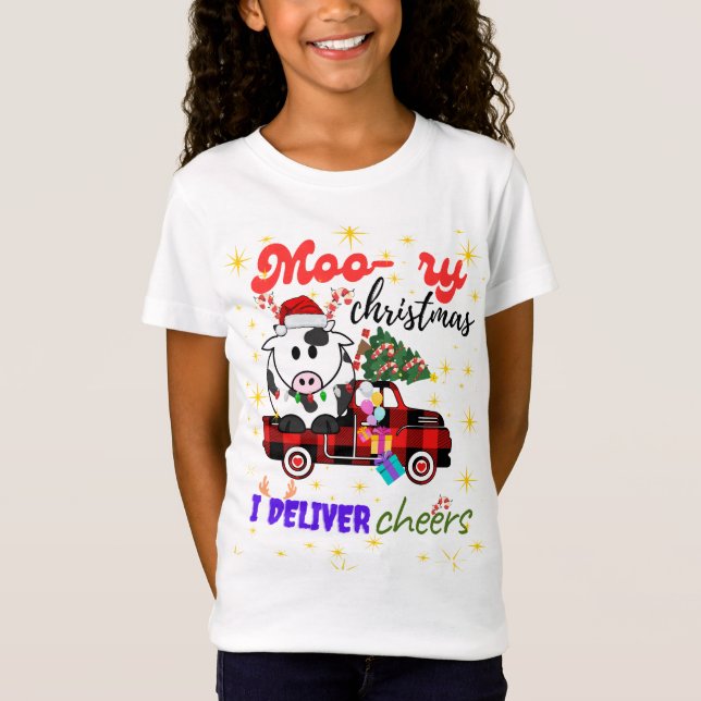 Moo-ry Christmas Cow in Plaid Truck Holiday design T Shirt (Framsida)
