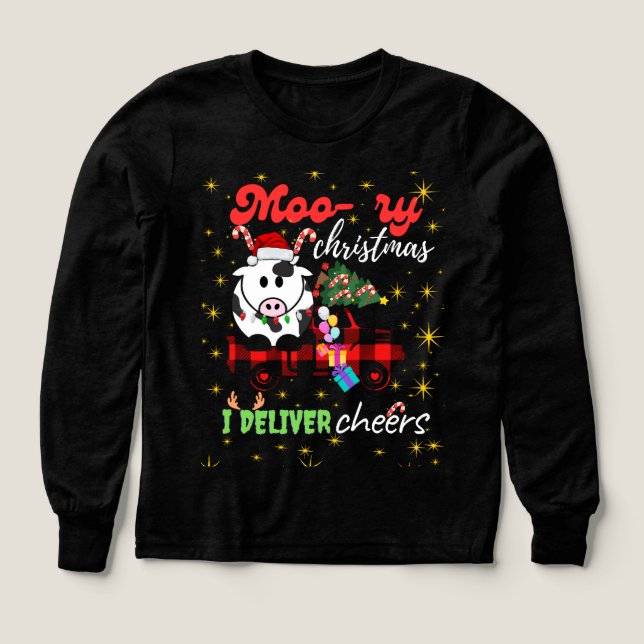 Moo-ry Christmas Cow in Plaid Truck Holiday design T Shirt (Design framsida)