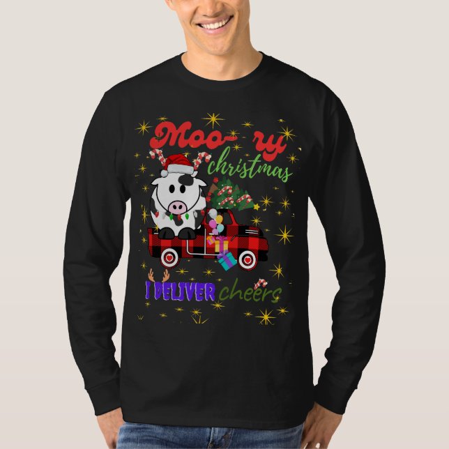 Moo-ry Christmas Cow in Plaid Truck Holiday design T Shirt (Framsida)