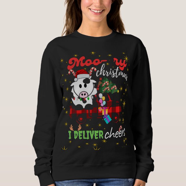 Moo-ry Christmas Cow in Plaid Truck Holiday design T Shirt (Framsida)