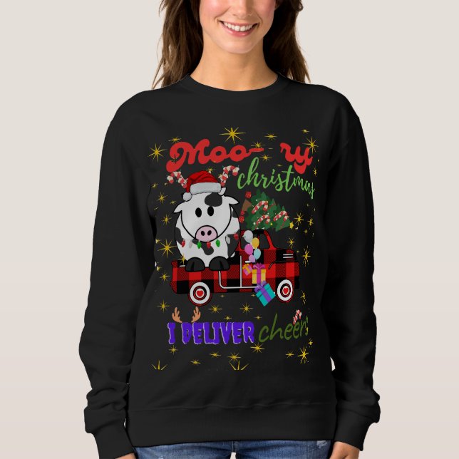 Moo-ry Christmas Cow in Plaid Truck Holiday design T Shirt (Framsida)