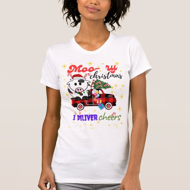 Moo-ry Jul Ko i Randig Lastbil Juldesign T Shirt (Framsida)