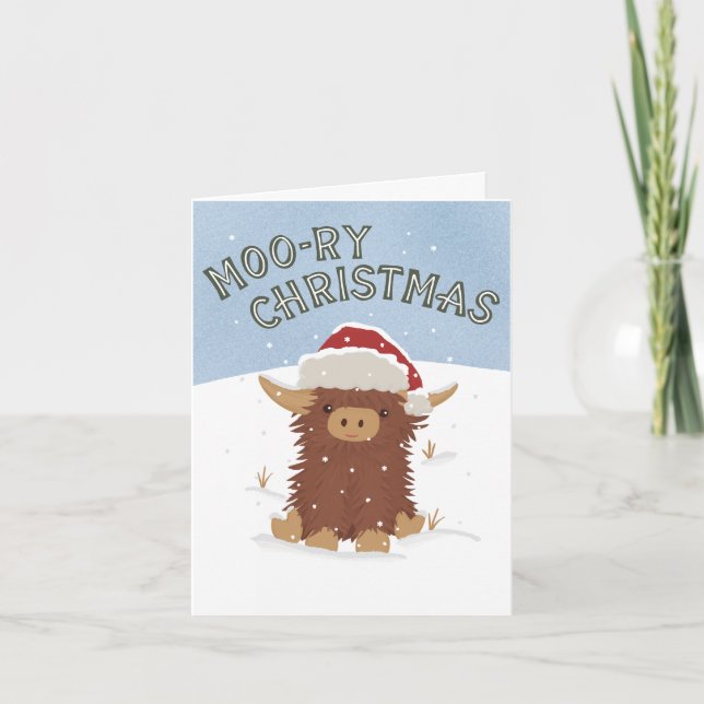 Moo-ry-julsöt shaggy Highland-ko Santa Kort (Framsida)
