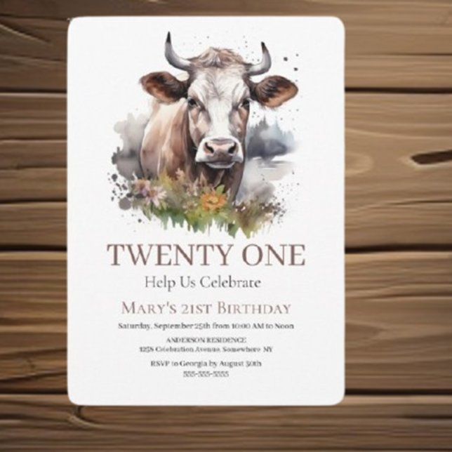 Moo-velous 21:a födelsedagen Firande Inbjudningar (Celebrate your special day with a charming "Save the Date" birthday cow invitation)