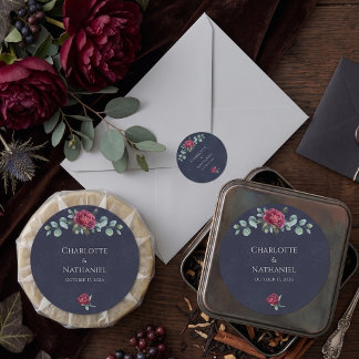 Mood Floral Djup Blå Elegant Bröllop Runt Klistermärke