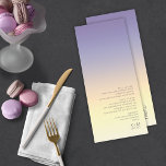 Mood Gradient Bröllop Indigo Sunset ID741 Meny<br><div class="desc">Bakgrunden till biet i denna minimalistiska bröllop-uppsättning är en öga-fångstgradient av färg från indigo till persiko och palmast gult. Det här menykortet i bröllop har ett slimmat, modernt layout och contemporary sans serif-teckensnitt för att öka dess attraktionskraft. Lägg enkelt till menyval, initialer och bröllop med hjälp av den angivna mallen....</div>