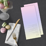 Mood Gradient Bröllop Pastel Dawn ID741 Meny<br><div class="desc">Bakgrunden till biet i denna minimalistiska bröllop-uppsättning är en öga-fångstgradient av pastellfärg från mjuk rosa genom lavender, periwinkle och gult. Det här menykortet i bröllop har ett slimmat, modernt layout och contemporary sans serif-teckensnitt för att öka dess attraktionskraft. Lägg enkelt till menyval, initialer och bröllop med hjälp av den angivna...</div>