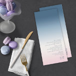 Mood Gradient Bröllop preussian Himlar ID741 Meny<br><div class="desc">Bakgrunden till biet i denna minimalistiska bröllop-uppsättning är en öga-fångstgradient av färg från tryckblått genom mjuk rosa och vitt. Det här menykortet i bröllop har ett slimmat, modernt layout och contemporary sans serif-teckensnitt för att öka dess attraktionskraft. Lägg enkelt till menyval, initialer och bröllop med hjälp av den angivna mallen....</div>