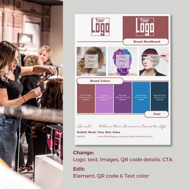 Moodboard Card för hårStylist - varumärkes identit Inbjudningar (Hair Stylist Brand Moodboard Card - Brand Identity)