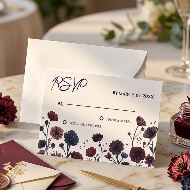 Moodfull burgunder & Blommig Blå Bröllops RSVP OSA Kort (Skapare uppladdad)