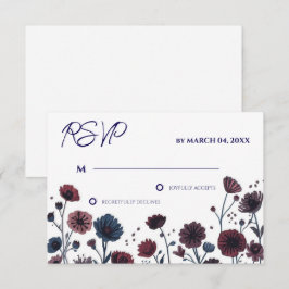Moodfull burgunder & Blommig Blå Bröllops RSVP OSA Kort