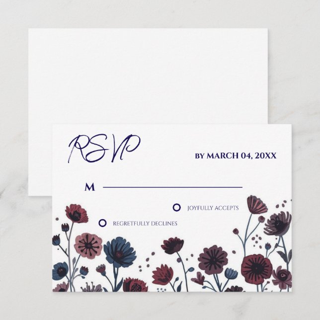 Moodfull burgunder & Blommig Blå Bröllops RSVP OSA Kort (Fram/baksida)