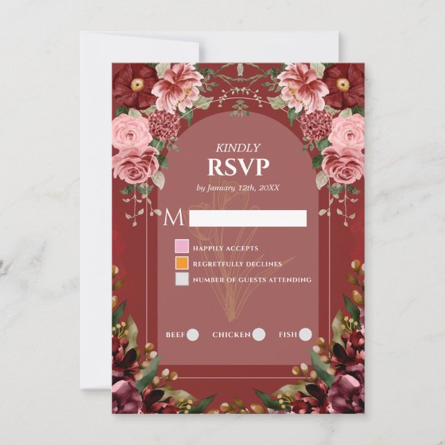 Moodfull burgunder och dammig rosa bröllops-RSVP-k Inbjudningar (Framsida)