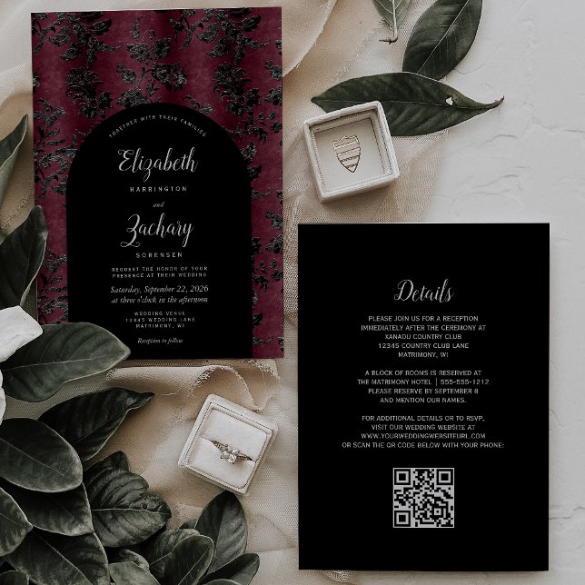 Moodfull burgunder svart damask QR-kod bröllop Inbjudningar (Skapare uppladdad)