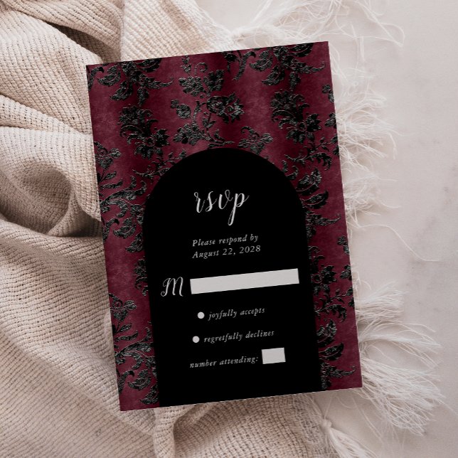 Moodfull burgundisk svart damask bågbröllop OSA kort (Skapare uppladdad)