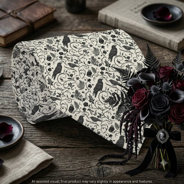 Moodfull gotisk djup svart elfenben kråka slips (Raven print necktie and dark floral bouquet for the alternative groom's gothic wedding.)