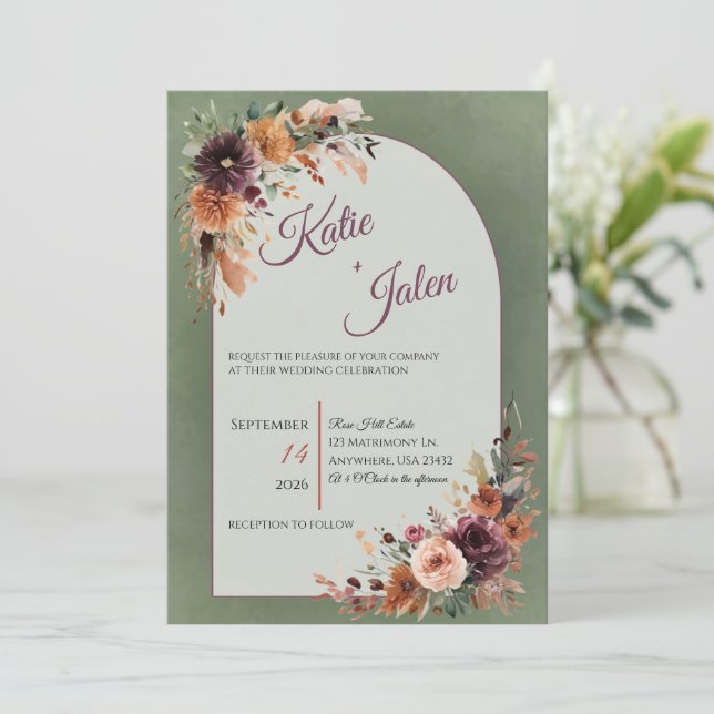 Moodfull höstblommig bröllopsinbjudan  inbjudningar (Stående Fram)
