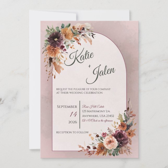 Moodfull höstblommig bröllopsinbjudan inbjudningar (Framsida)