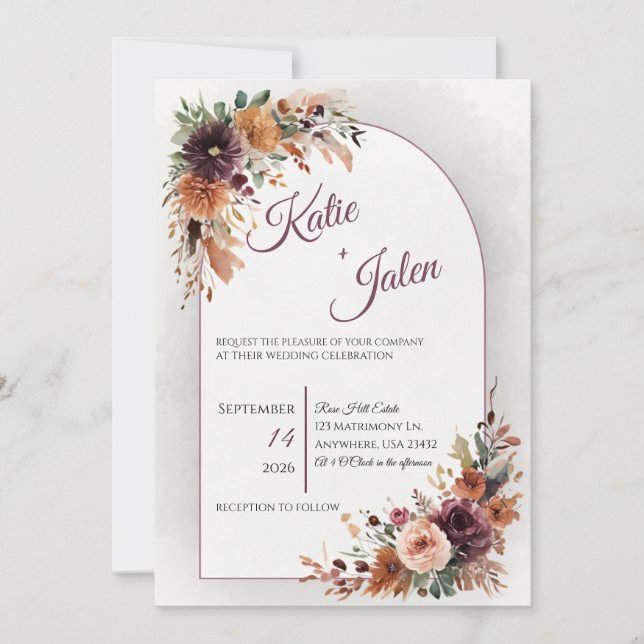 Moodfull höstblommig bröllopsinbjudan inbjudningar (Framsida)