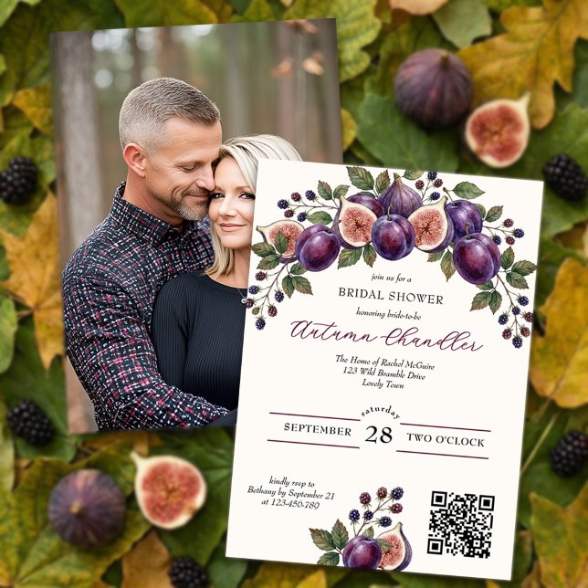 Moodfull höstplommon björnbärs bröllopsfest inbjudningar (Fall Bridal Shower invitation by Darling & May with lush garland of figs plums and blackberries)