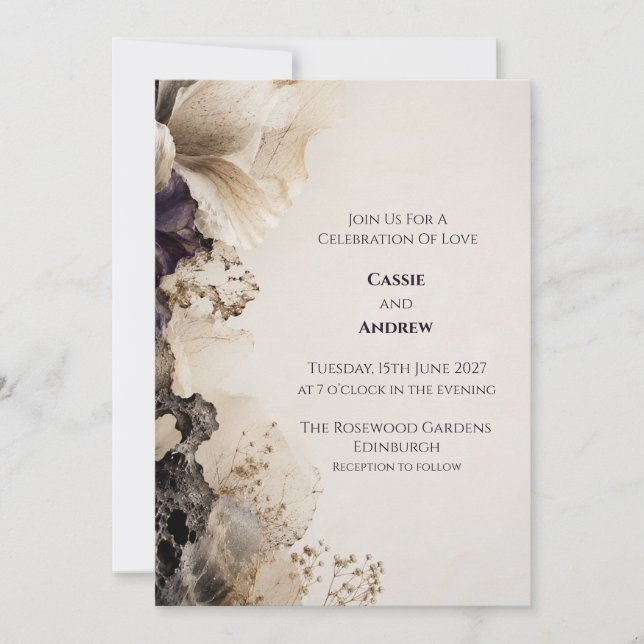 Moodfull lila abstrakt blomsterbröllopsinbjudan inbjudningar (Framsida)
