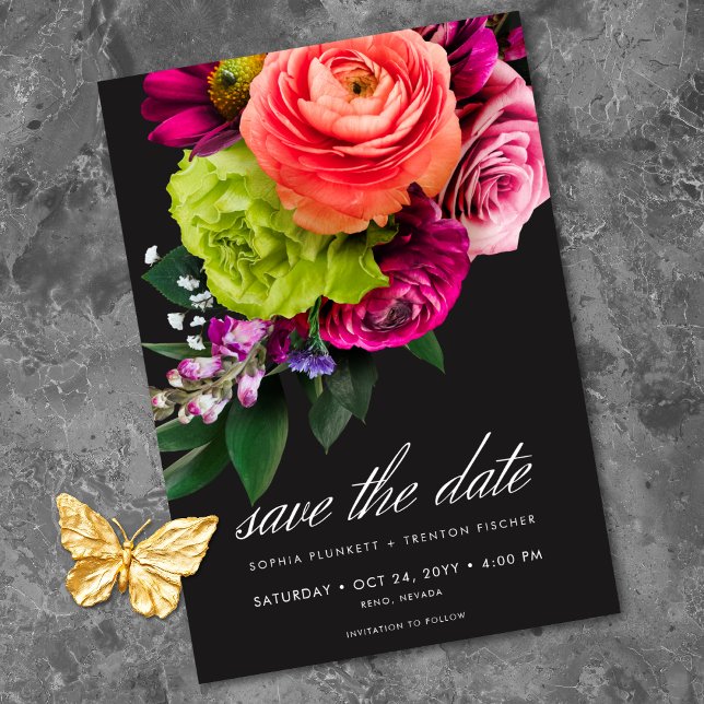 Moodfull Lyx Blommig Vibrant Rosa Svart Bröllop Spara Datumet (Moody Luxe Floral Vibrant Pink Black Photo Wedding Save The Date)