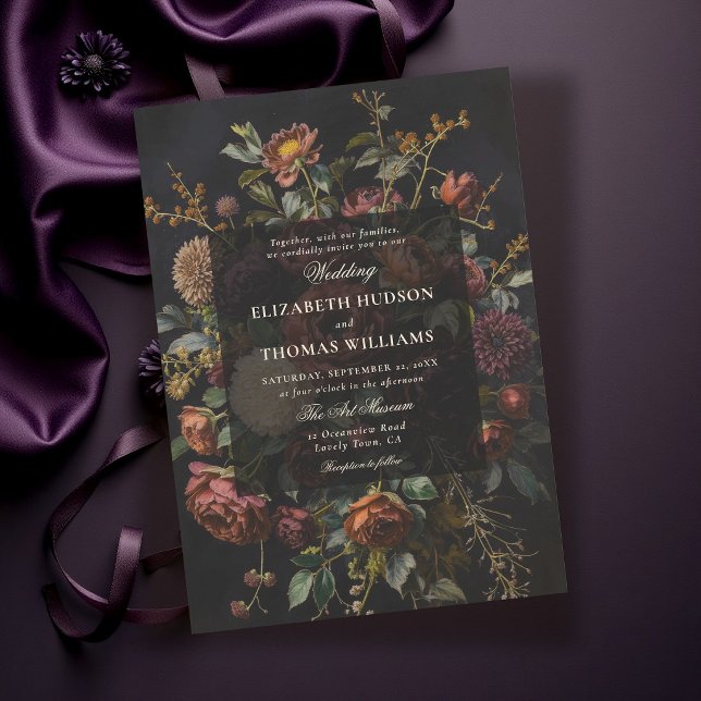 Moodfull Mörk Romantisk Höst Bränd Koppar Konst Br Inbjudningar (moody dark fall wedding invitation romantic gothic romance black painterly elegant burnt copper)