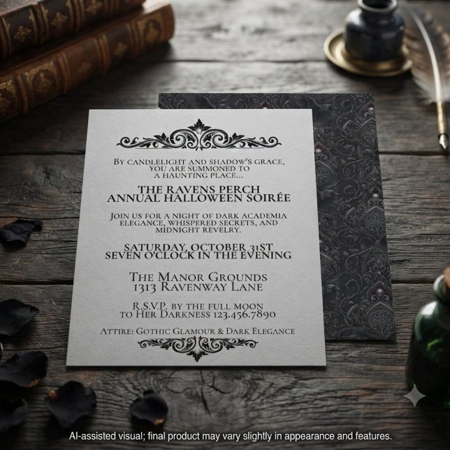 Moodfull Obsidian Gotisk Damask Korp Inbjudningar (Moody obsidian gothic raven paper plate for dark academia dinners and occult parties.)