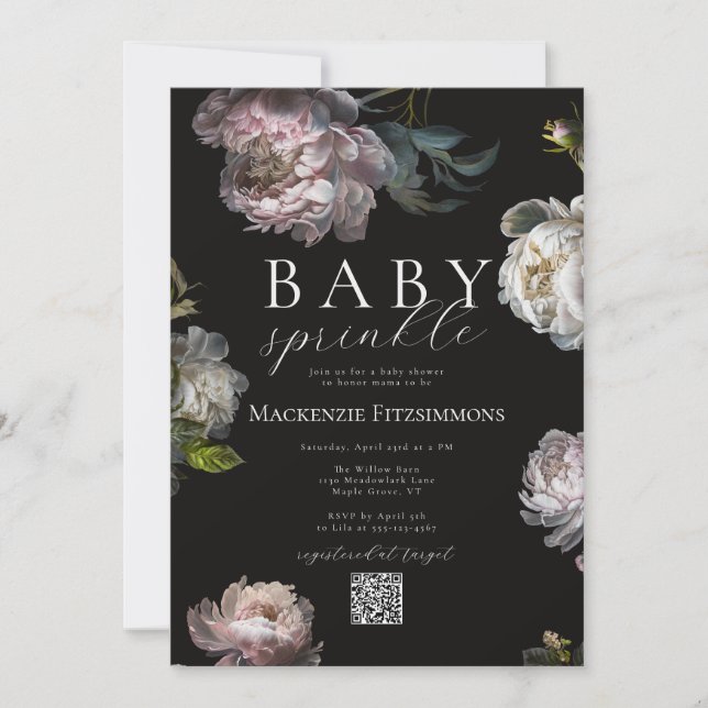 Moodfull Peony Mörk Blommig Baby Sprinkle Inbjudningar (Framsida)