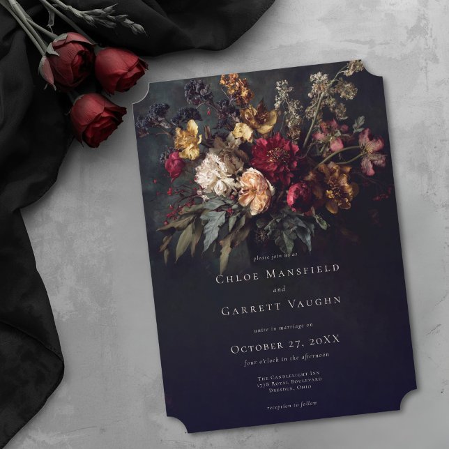 Moodfull Romantisk Mörk Blommig Gotisk Bröllop Inbjudningar (Moody Romantic Dark Floral Gothic Wedding Invitation)