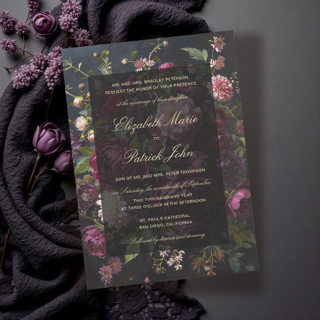 Moodfull Romantisk Mörk Formell Modern Klassisk Br Inbjudningar (moody dark wedding invitation romantic gothic romance burgundy purple pink black gold elegant formal)